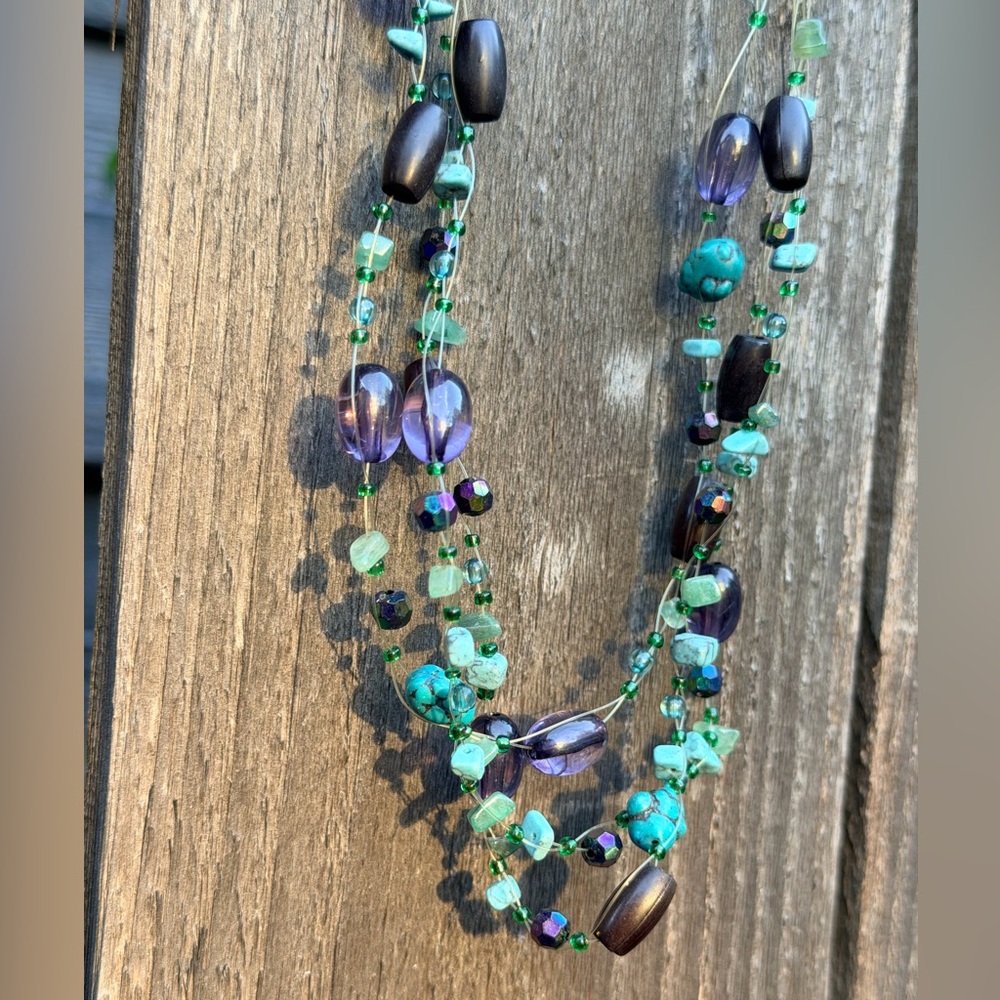 Vintage Purple and Teal necklace set 18in glass beads festival multi strand